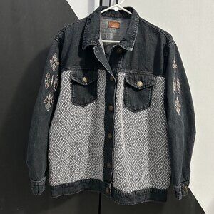 POL‎ Oversized Black Denim Geometric Tapestry/Embroidered Sleeves Women's S